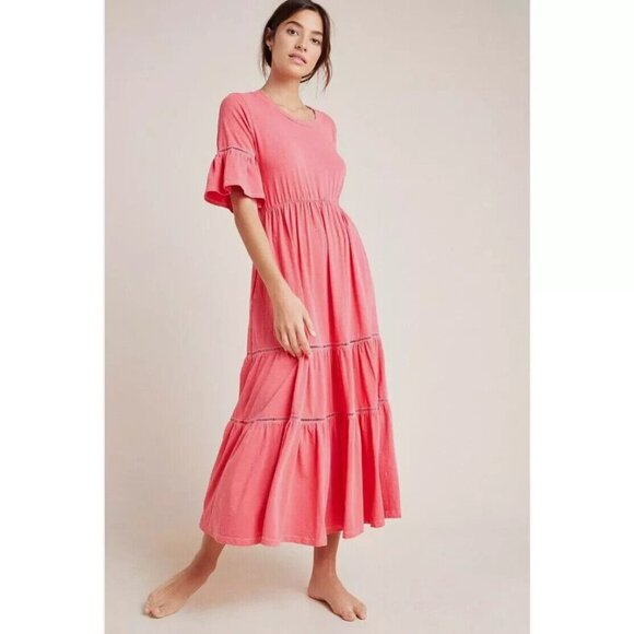Anthropologie Sundry 1 Maxi Dress Small Pink Tiered Peasant Ruffle Short Sleeve - Picture 1 of 12